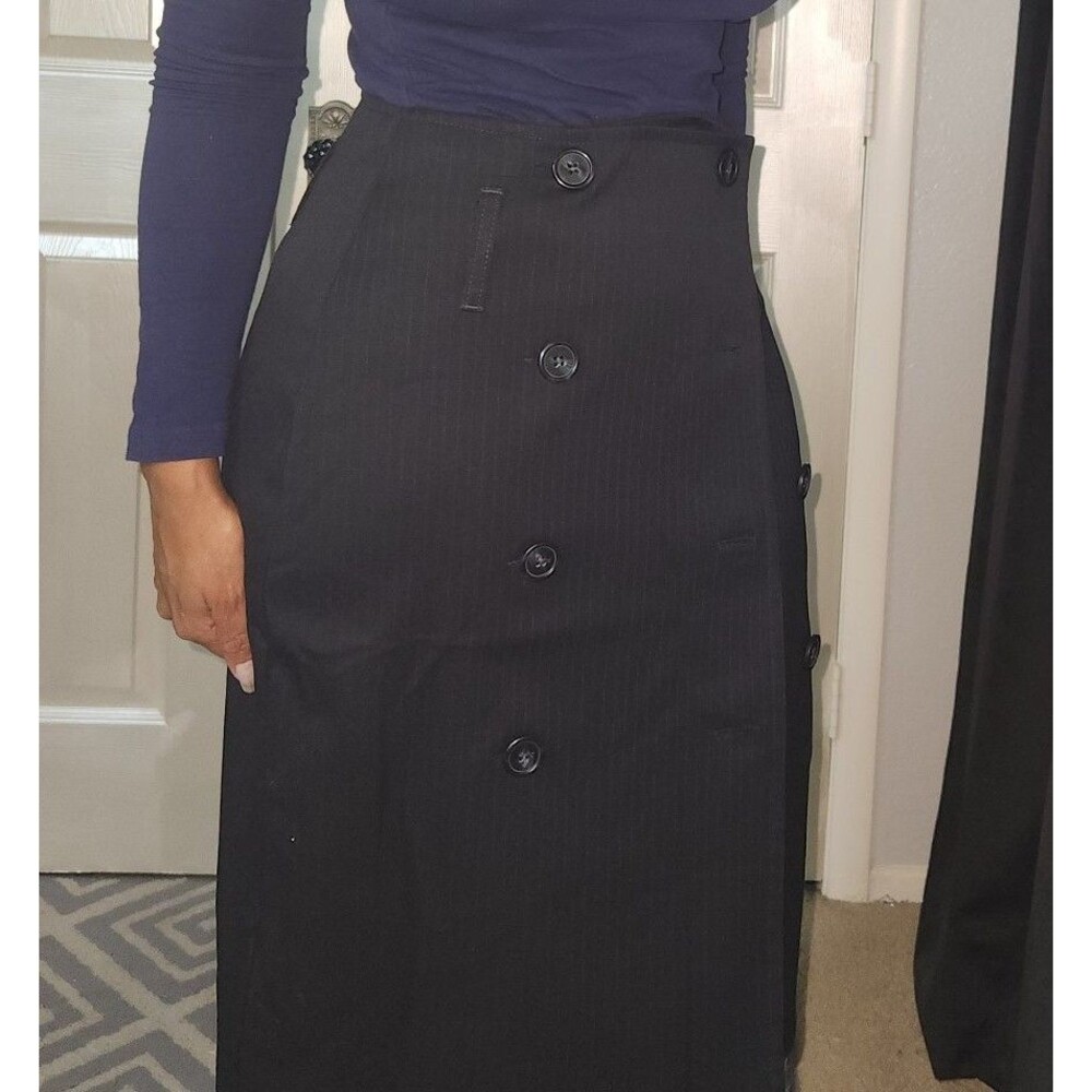 Navy Blue Striped Buttoned Wrap Midi Skirt - Picture 3 of 11